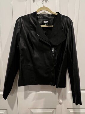 DKNY Mixed‑Media Faux Leather Moto Jacket – Black – Size M/L